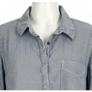 Cathy Blouse M Blue White Striped 100% Cotton Long Sleeves Coastal Minimalist